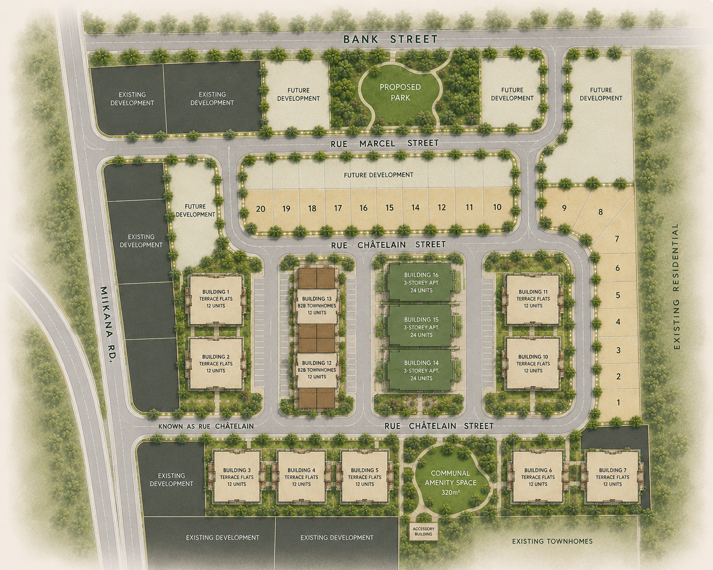Master site plan showing buildings, streets, park, and amenity spaces